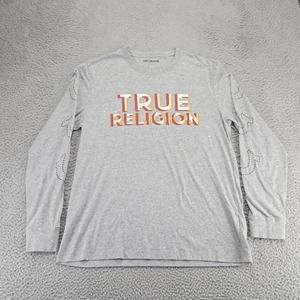 True Religion Shirt Mens Large Gray Heather Spellout Long Sleeve Crew‎ Neck
